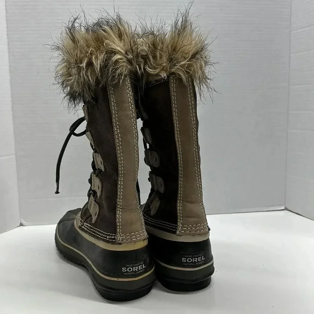 Sorel Joan of Artic Boots Winter Lace Up Brown Waterproof Suede Faux Fur Size 6